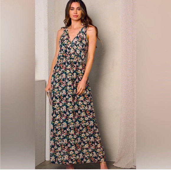 Dresses & Skirts - Black Surplice Shimmer Detailed Floral Maxi Dress